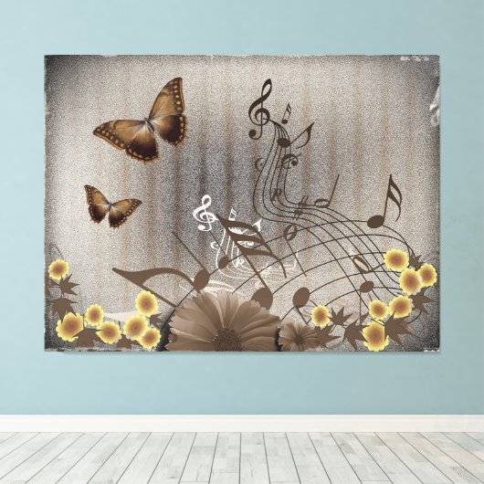 Botervliegen en Muzieknoten Canvas Afdruk (Insitu (Houten vloer))