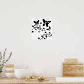 Botervliegen met bloemen zwart op wit poster (Keuken)