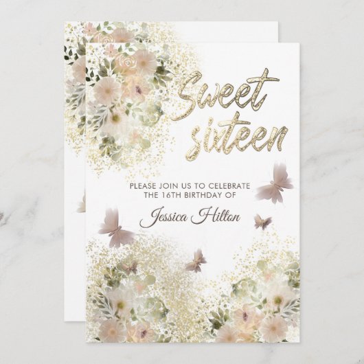 Botervliegenbloemtuin, zoet, zestien uitnodiging (Voorkant / Achterkant)