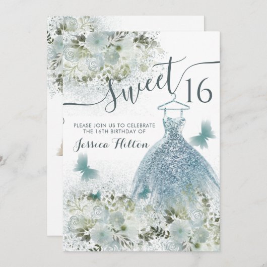 Botervliegenbloemtuinblauwe jurk, zoet zestien kaart (Voorkant / Achterkant)