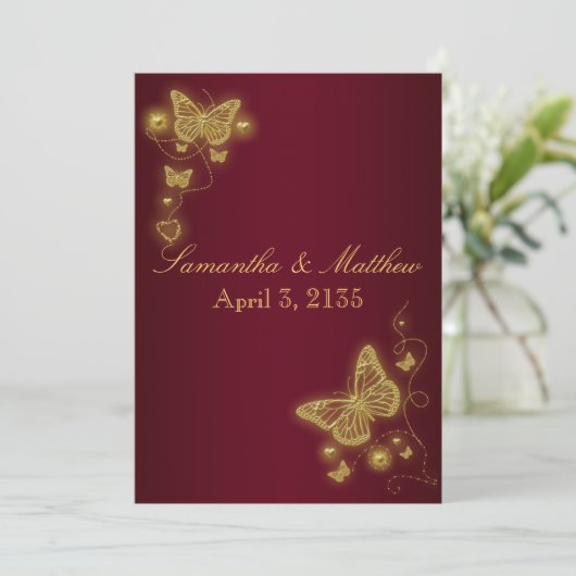 Botervliegenvlinderthema voor goudbruine bruiloft kaart (Staand voorkant)