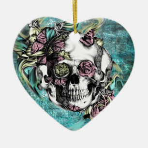 Botervliegerrook schedel in blauw roze en geel. keramisch ornament