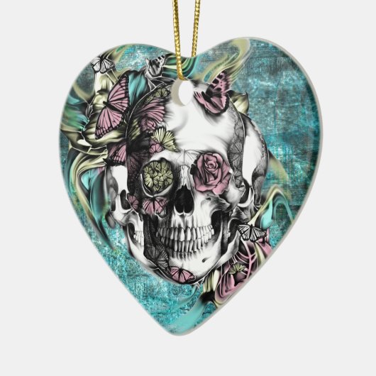 Botervliegerrook schedel in blauw roze en geel. keramisch ornament (Links)