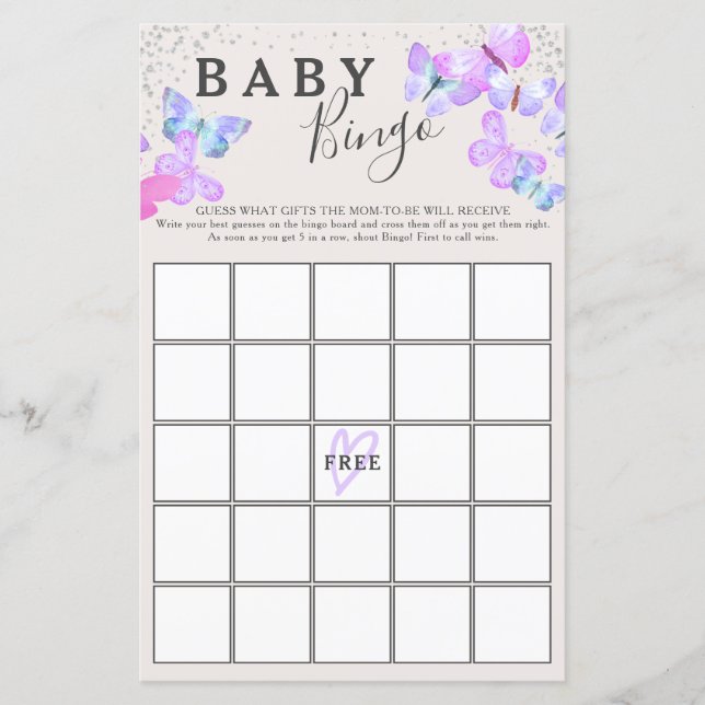 Botervliegers Boterfly Baby shower Bingo Game (Voorkant)