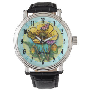 Botervlieggeel Blauwbloemen Horloge