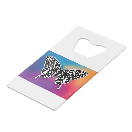 Botervliegontwerp met zonneschijnkleuren creditkaart flessenopener (Achterkant Gekanteld)