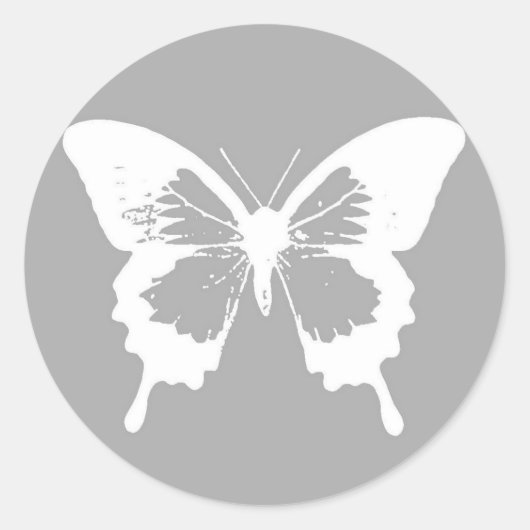 Botervliegschets, zilvergrijs en wit ronde sticker (Voorkant)