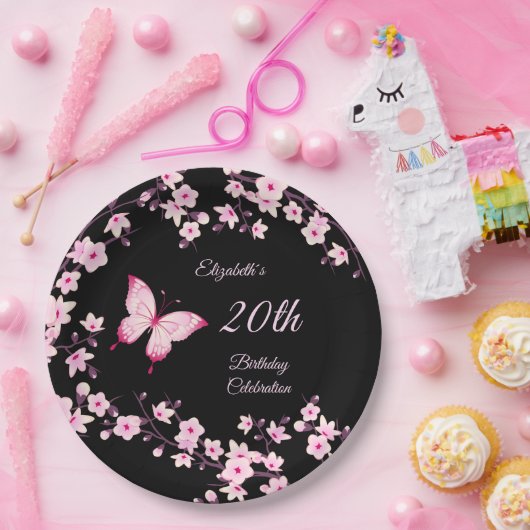 Botervlieskokers bloesem roze zwart   papieren bordje (Feest)