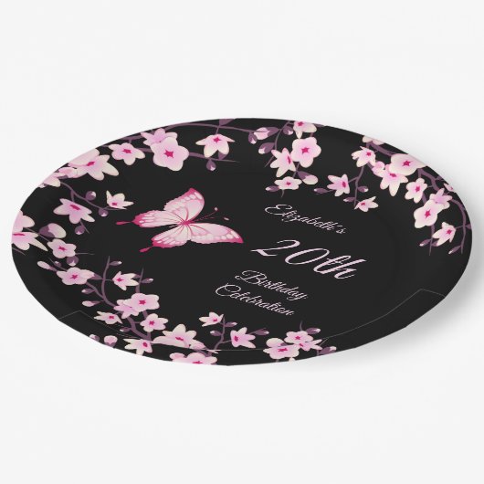 Botervlieskokers bloesem roze zwart papieren bordje (Gekanteld)