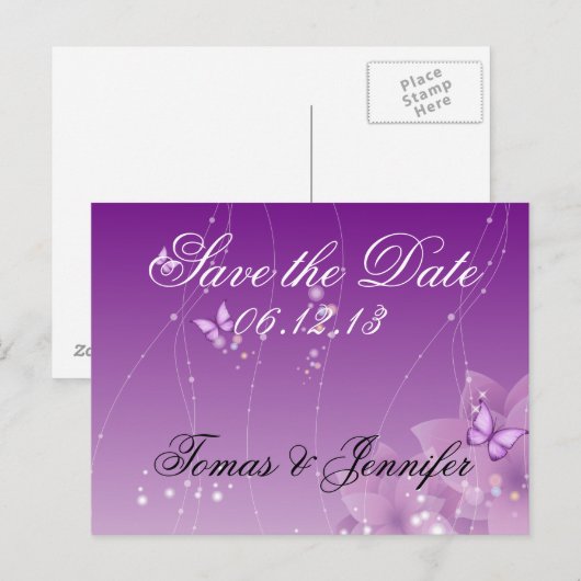 Botervliezen en paarse bloemen aankondigingskaart (Voorkant / Achterkant)