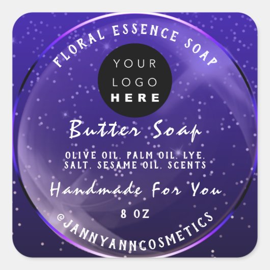 Boterzeep Cosmetica Handgemaakte Logo Paarse Vierkante Sticker (Voorkant)