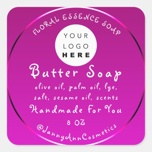 Boterzeep Cosmetica Handgemaakte Logo Pink Fuchsia Vierkante Sticker (Voorkant)