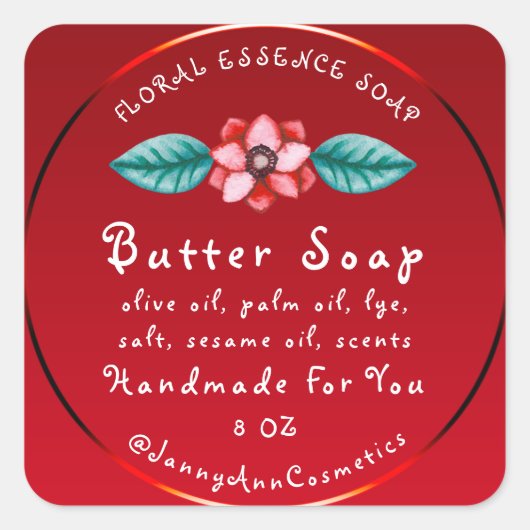 Boterzeep Cosmetica Handgemaakte Logo Red Floral Vierkante Sticker (Voorkant)