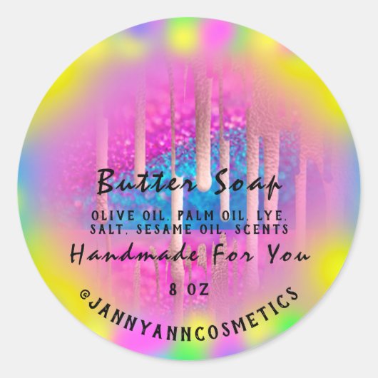 Boterzeep Cosmetica Hot Pink Holografische druppel Ronde Sticker (Voorkant)