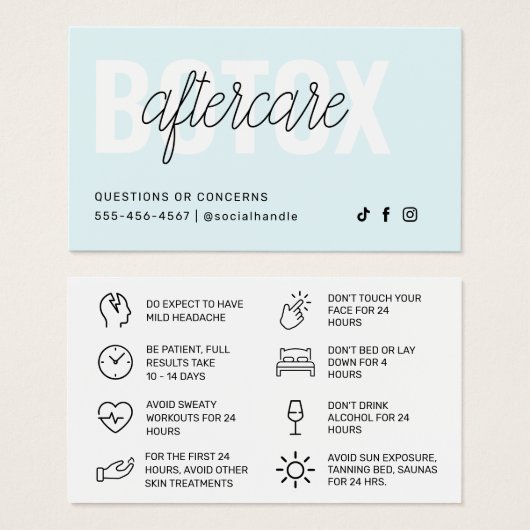 Botox Filler Injectie Nazorg Kaart (Voorkant /achterkant)