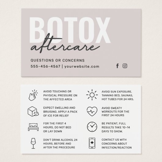 Botox Filler Injectie Nazorg Kaart (Voorkant /achterkant)