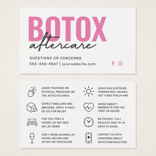 Botox Filler Injectie Nazorg Kaart (Voorkant /achterkant)