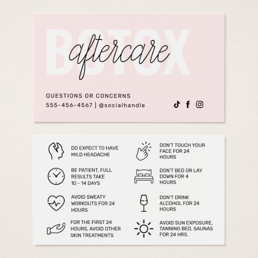 Botox Filler Injectie Nazorg Kaart (Voorkant /achterkant)