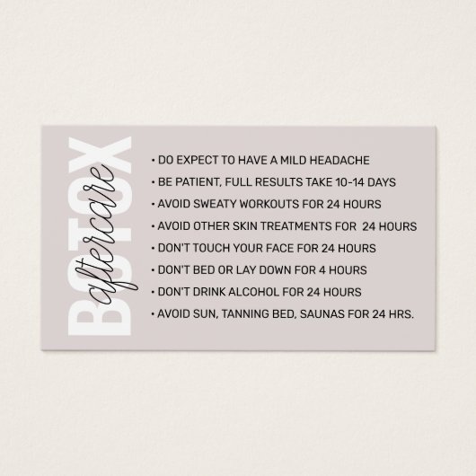 Botox Filler Injectie Nazorg Kaart (Voorkant)