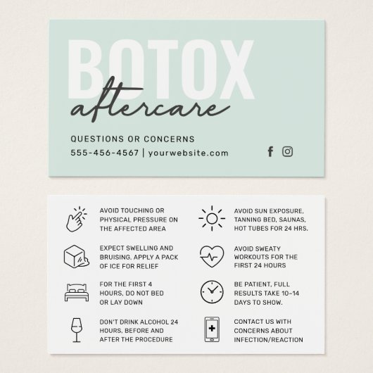 Botox Filler Injectie Nazorg Kaart (Voorkant /achterkant)