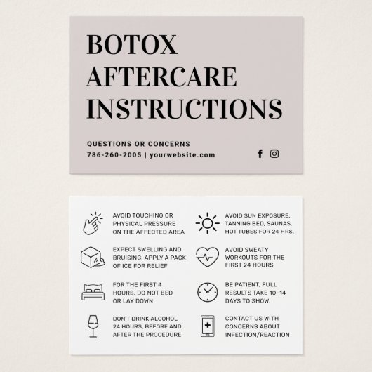 Botox Filler Injectie Nazorg Kaart (Voorkant /achterkant)