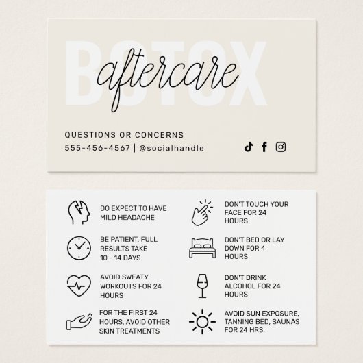 Botox Filler Injectie Nazorg Kaart (Voorkant /achterkant)