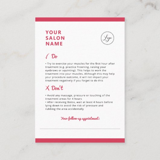 Botox Nazorg Instructies voor Schoonheidssalon Visitekaartje (Achterkant)
