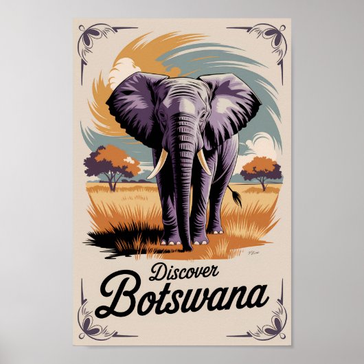 Botswana Elephant Illustration Travel Art Vintage Poster (Voorkant)
