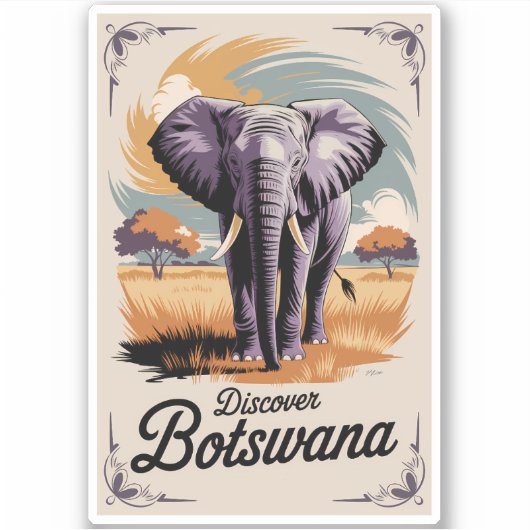 Botswana Elephant Illustration Travel Art Vintage Sticker (Voorkant)
