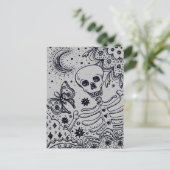 BOTTEN IN DE GARDEN SKELETON, FOLK ART MOON FEESTDAGENKAART (Staand voorkant)