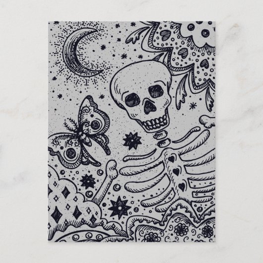 BOTTEN IN DE GARDEN SKELETON, FOLK ART MOON FEESTDAGENKAART (Voorkant)