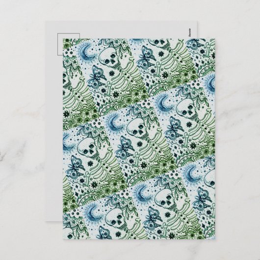BOTTEN IN DE GARDEN SKELETON, FOLK ART MOON FEESTDAGENKAART (Voorkant / Achterkant)