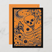 BOTTEN IN DE GARDEN SKELETON, FOLK ART MOON FEESTDAGENKAART (Voorkant / Achterkant)