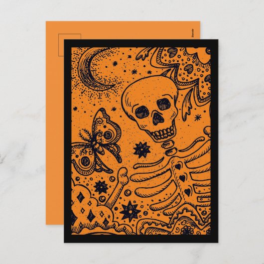 BOTTEN IN DE GARDEN SKELETON, FOLK ART MOON FEESTDAGENKAART (Voorkant / Achterkant)