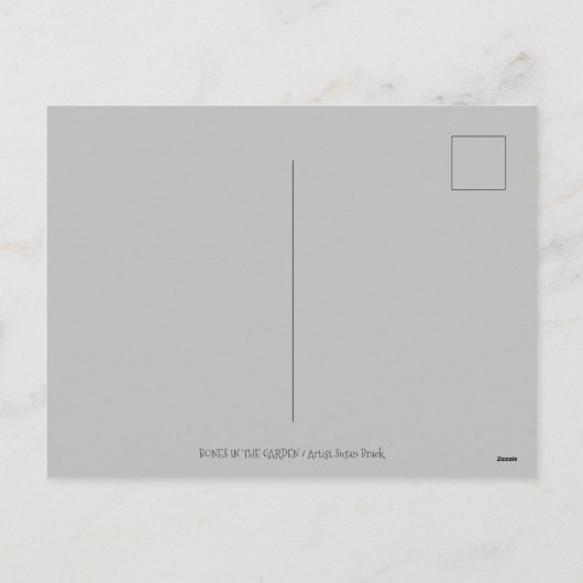 BOTTEN IN DE GARDEN SKELETON, FOLK ART MOON, MOTH FEESTDAGENKAART (Achterkant)