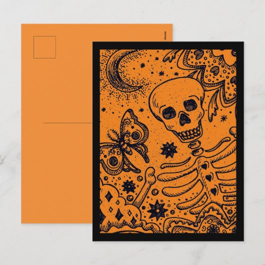 BOTTEN IN DE GARDEN SKELETON, FOLK ART MOON MOTH H FEESTDAGENKAART (Voorkant / Achterkant)