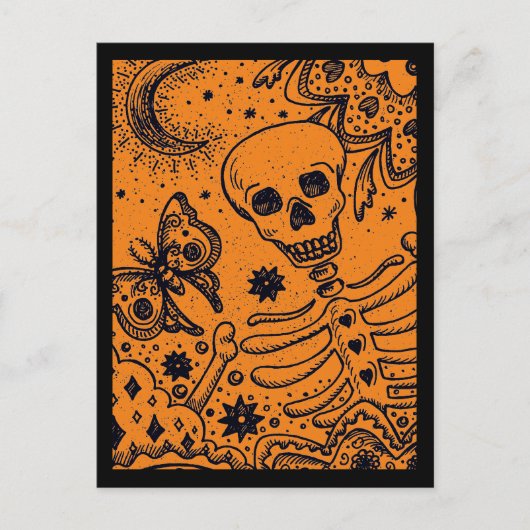 BOTTEN IN DE GARDEN SKELETON, FOLK ART MOON MOTH H FEESTDAGENKAART (Voorkant)