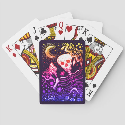 BOTTEN IN DE GARDEN SKELETON, FOLK ART MOON, MOTH POKERKAARTEN (Achterkant)