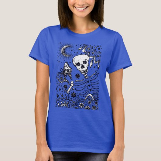 BOTTEN IN DE GARDEN SKELETON, FOLK ART MOON, MOTH T-SHIRT (Voorkant)
