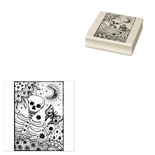 BOTTEN IN DE GARDEN SKELETON, FOLK ART MOON RUBBERSTEMPEL (Gestempeld)