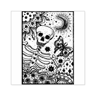 BOTTEN IN DE GARDEN SKELETON, FOLK ART MOON RUBBERSTEMPEL