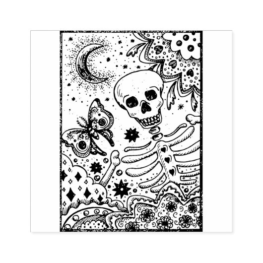 BOTTEN IN DE GARDEN SKELETON, FOLK ART MOON RUBBERSTEMPEL (Afrduk)