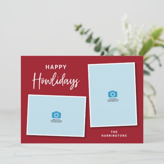 Botten met rode en blauwe hond Happy Howlidays Fot Feestdagenkaart (Staand voorkant)