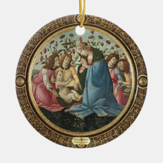 Botticelli Madonna en kind 4 engelen rode rozen Keramisch Ornament (Voorkant)