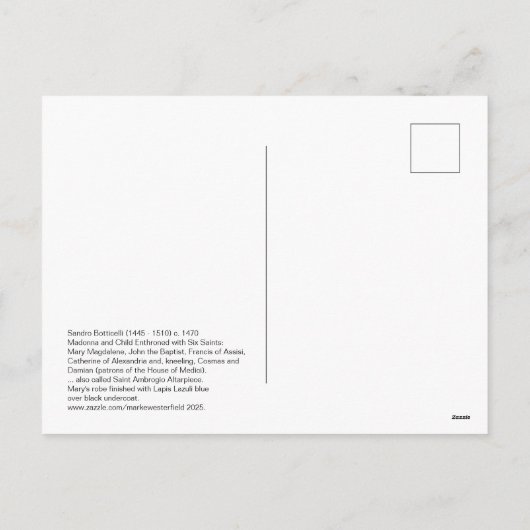 Botticelli Madonna en kind met 6 heiligen 1470 Feestdagenkaart (Achterkant)