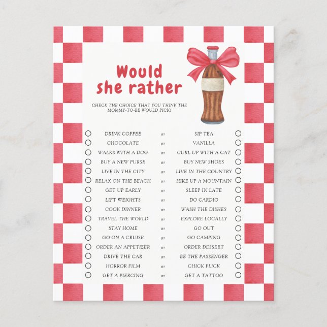 Bottle Baby shower Would She Rather game  (Voorkant)