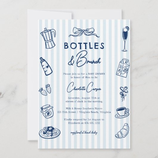 Bottles and Brunch Doodle Baby Shower Blue Striped Kaart (Voorkant)