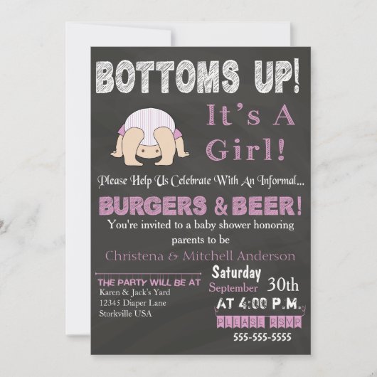 Bottoms Up Baby shower Invitation (roze) Kaart (Voorkant)