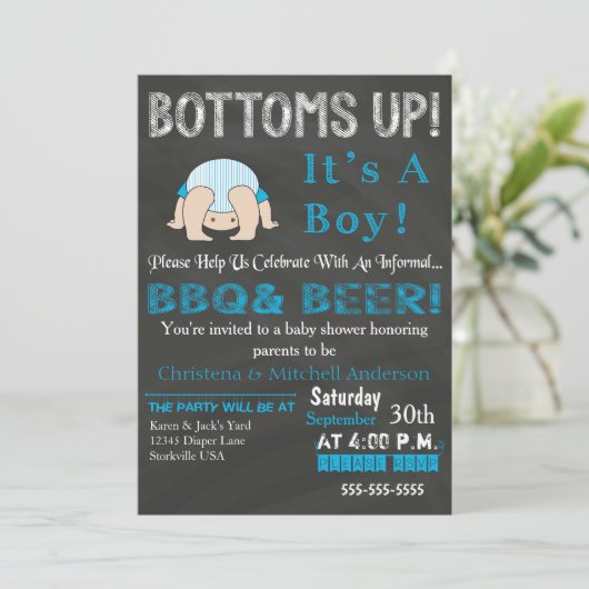Bottoms Up BBQ Baby shower Invitation (blauw) Kaart (Staand voorkant)