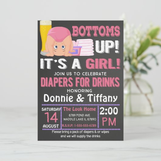 Bottoms Up Luiers voor Drinken Het is een meisje Kaart (Staand voorkant)